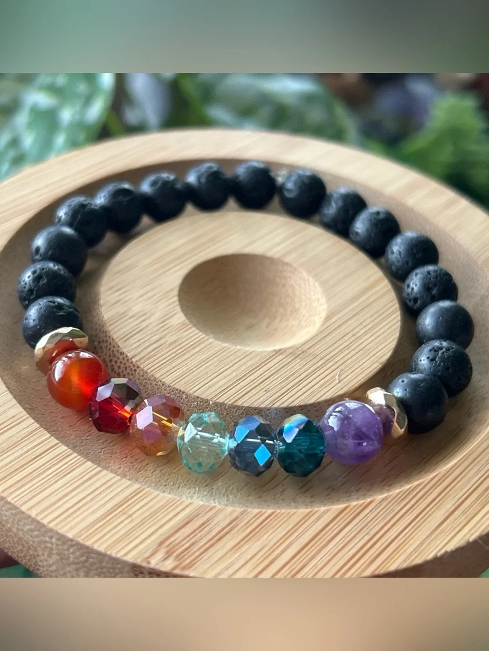 Black Lava Bead Bracelet with Rainbow Crystal Accent